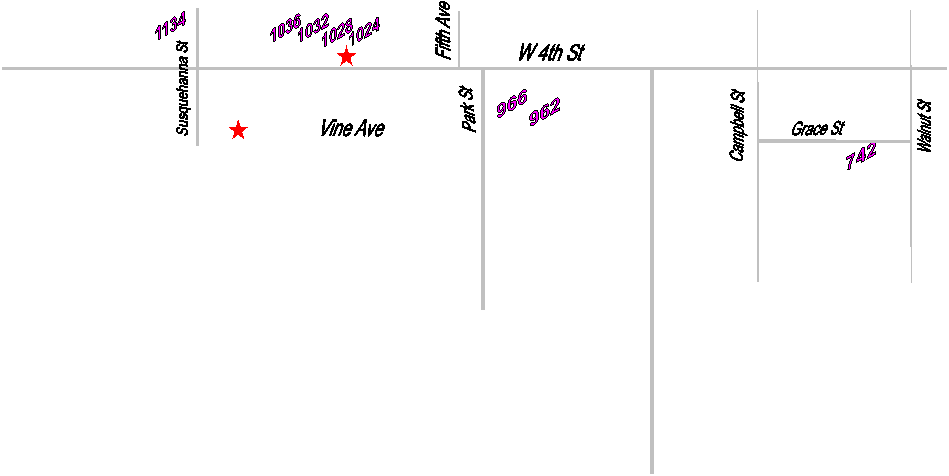 Vine Ave,W 4th St,Park St,Susquehanna St,Campbell St,1024,966,962,742,Walnut St,Grace St,Fifth Ave,1028,1032,1036,1134